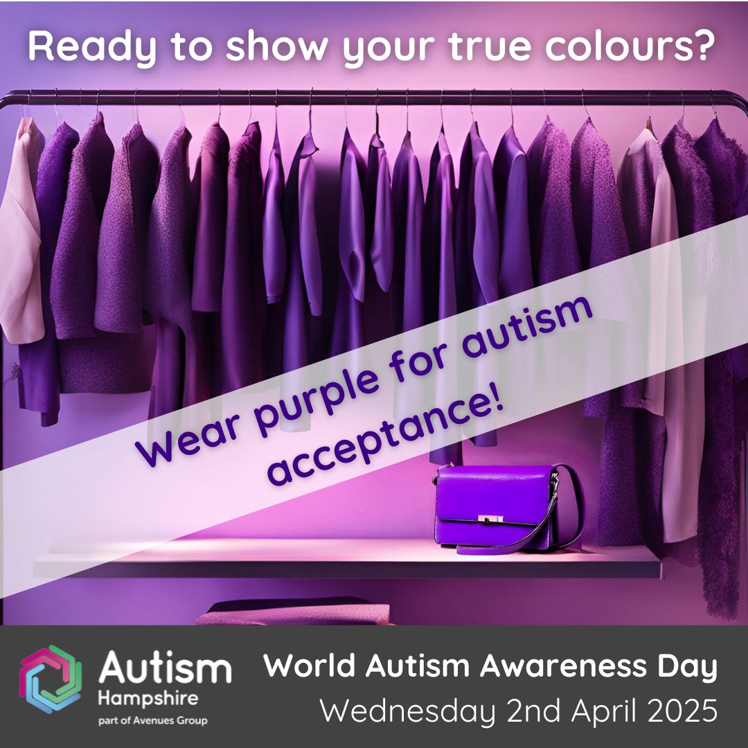 Ready to show your true colours? Graphic advertising wear purple for autism acceptance.